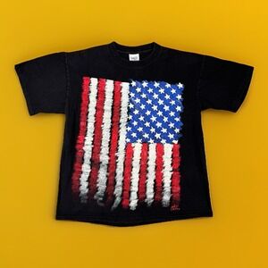 VTG 90s USA Textured Flag T Shirt Single Stitch Sun Faded Black Y2K Mens Large